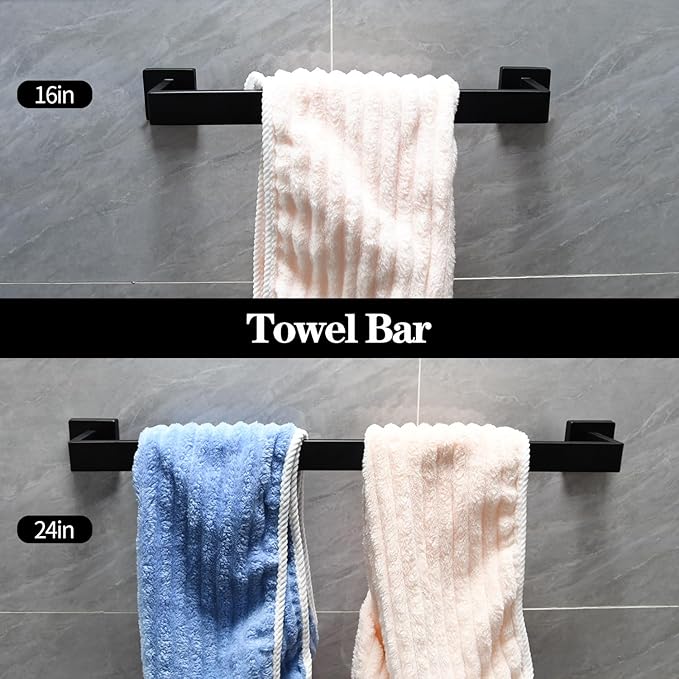 5pcs Bathroom Hardware Set, 24in Towel Bar Set, Including Square Towel Bar Square Towel Ring Toilet Paper Holder Towel Hooks, Set SUS304 Stainless Steel, Wall Mounted