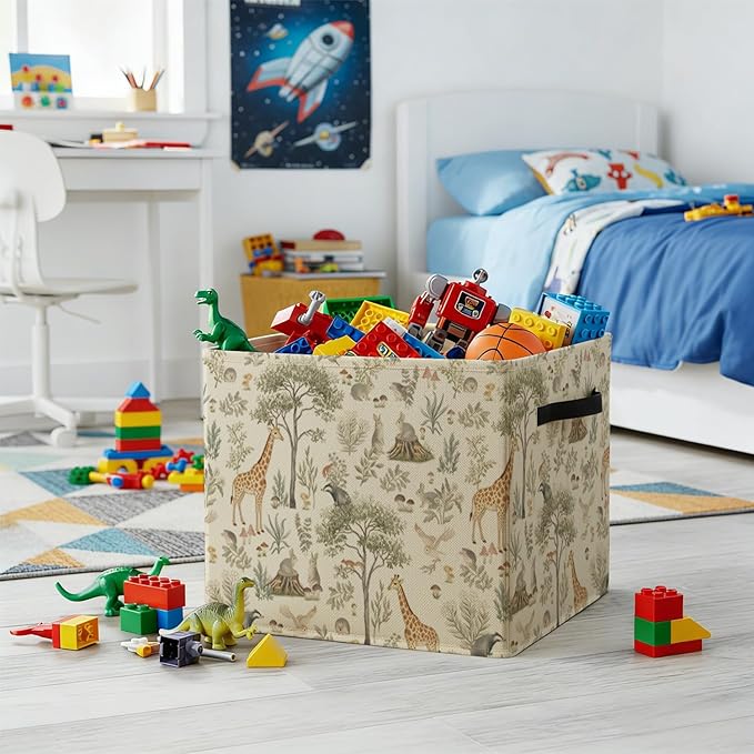 Forest Animal Nursery Storage Bin Box with Handles, Cottagecore Botanical Animal Foldable Baskets Organizer for Kids Room Nursery Bathroom Clothes Toys Books, Toybox for Boys Girls