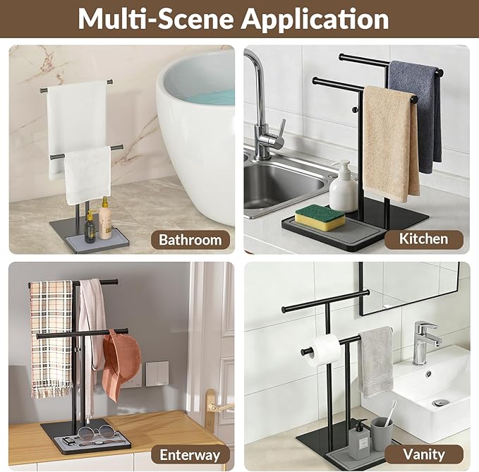 NADAMOO Towel Holder Stand, Adjustable Height 13.8"-24" Freestanding Double Bar Towel Rack with Stone Drying Tray, Wide Weighted Base, Rustproof Black Metal, for Bathroom, Kitchen Countertop