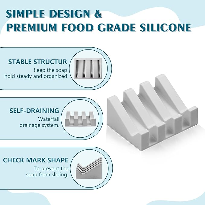 Self Draining Soap Dish Holder,Silicone Soap Dish,for Bathroom,Kitchen, Sponges，Can Extend Soap Life，Keep Soap Bars Dry and Easy Cleaning (Light Grey,1-Pack)