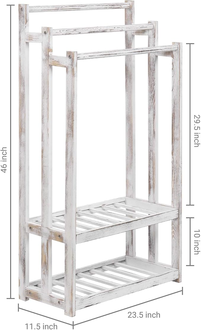 MyGift 3 Tier Bathroom Towel Rack Freestanding, Free Standing Bath Towel Drying Holder Stand with 2 Slatted Bottom Storage Organizer Shelf, Farmhouse Whitewashed Solid Wood