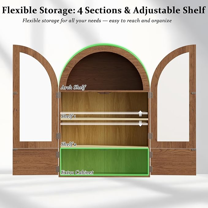 BREEZEHEAT Arched Medicine Cabinet with Extra Storage, Glass Doors & Adjustable Shelf -Wall Mounted Over Toilet Cabinet for Bathroom, Kitchen, Laundry Room, Walnut Wood Grain, 23.6x33.5 Inch