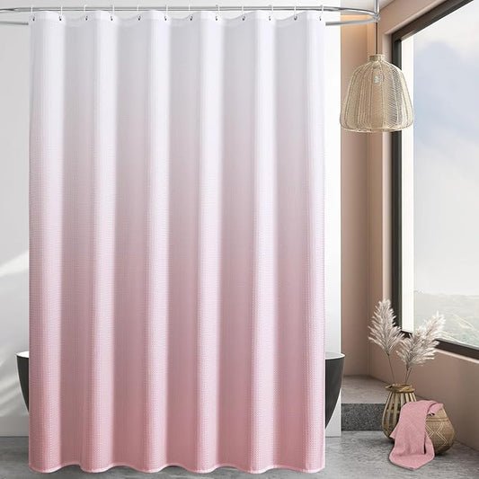 MitoVilla Extra Long Shower Curtain 72 x 84, Pink Ombre 84 inch XL Waffle Fabric Shower Curtains for Modern Luxury Bathroom Decor, Waffle Weave Textured 180GSM Weighted Shower Curtain 84 inch