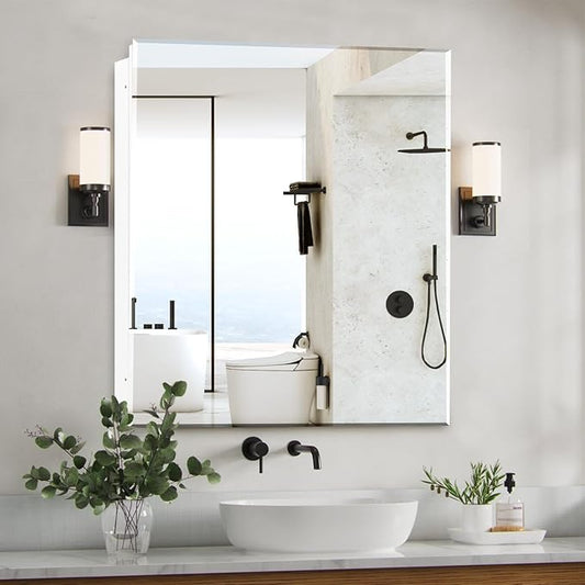 28"x28" Medicine Cabinet,HD Bathroom Mirror Cabinet with Beveled Mirror,Removeable Shelves, Recessed and Surface Mount,Frameless Bathroom Mirror with Storage