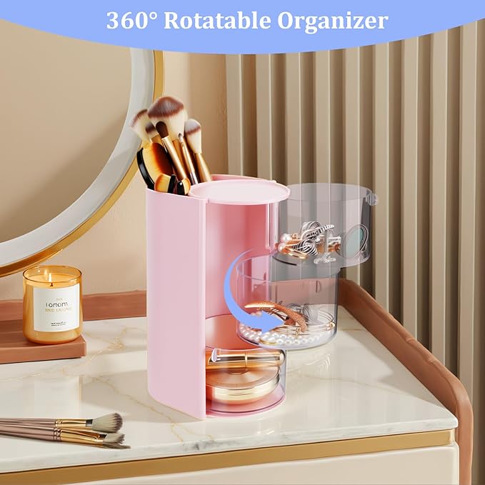 3-Tier Clear Hair Accessories Organizer with Makeup Brush Holder, Rotatable Jewelry Storage Box with Cute Stickers for Bows & Clips, Desktop Organizer Case for Bathroom Vanity Countertop（Pink）