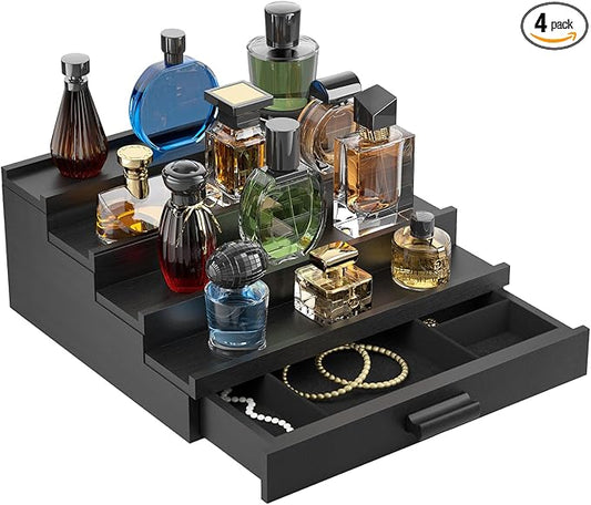 Perfume Cologne Organizer for Men: 4 Tier Wooden Perfumes Stand, Desktop Parfum Holder Wood Display Shelf with Cabinet, Bedroom Dresser Makeup Lotion Jewelry Storage Rack with Drawer