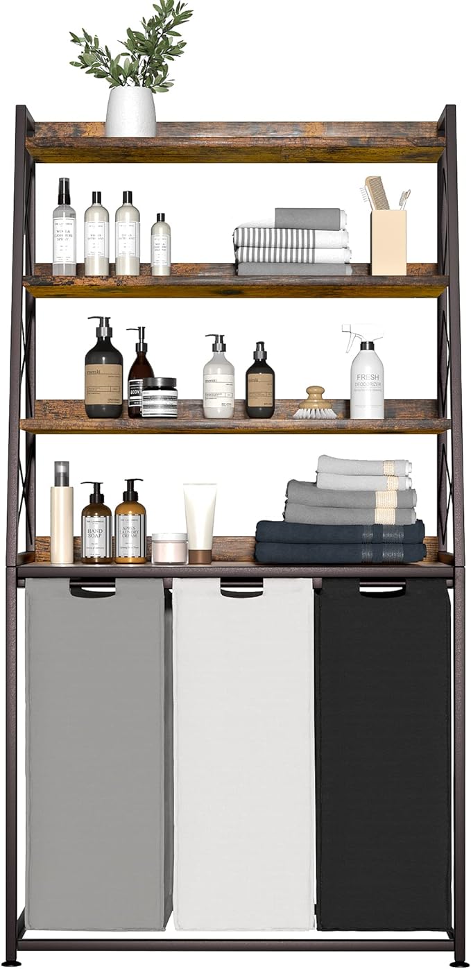 Herture Laundry Basket, 3 Section Laundry Hamper with 4 Tiers Shelf, Pull-Out and Removable Laundry Bags, Large 3 x 15.87 Gallons, for Laundry Room Bathroom Rustic Brown PF05XLN