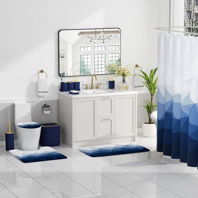 XLHOMO Bathroom Accessory Set - 26PC Bathroom Shower Curtain and Rug Set, Bathroom Accessories Set, Navy Blue Bathroom Set with Trash Can, Toilet Brush, Qtip Holder & Soap Dispenser