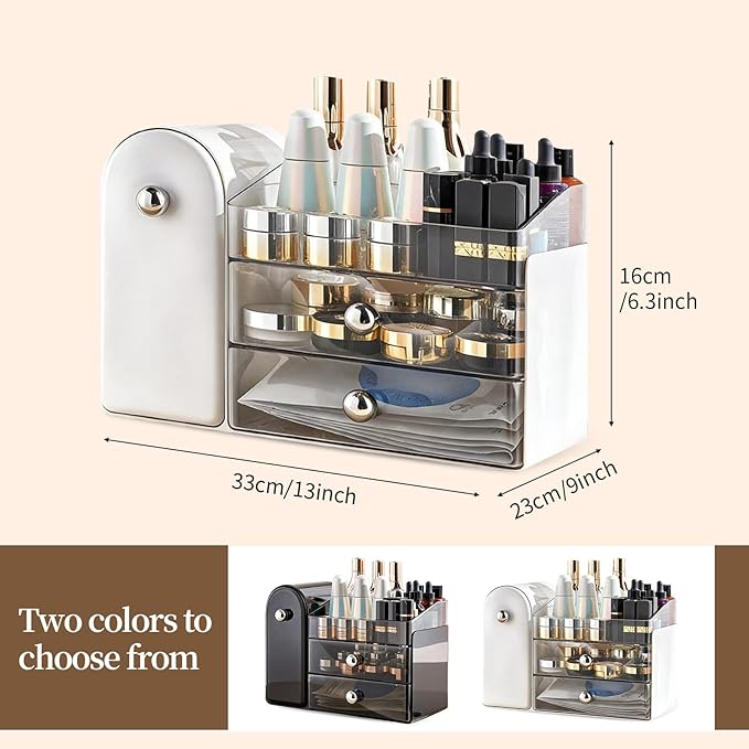 27 Slot Countertop Makeup Organizer with Brush Holder, 3-Tier Multifunctional Makeup Storage Organizer for Vanity, Fits Brushes & Large Cosmetics, Detachable & Easy to Clean