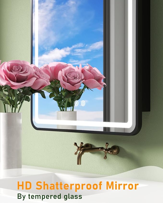 16x24 Inch LED Medicine Cabinet Mirror for Bathroom, Wall Mounted or Recessed Medicine Cabinet with Lights and Mirror, Full Metal, Stable & Removable 2 Shelves, Adjustable 3 Colors, Black