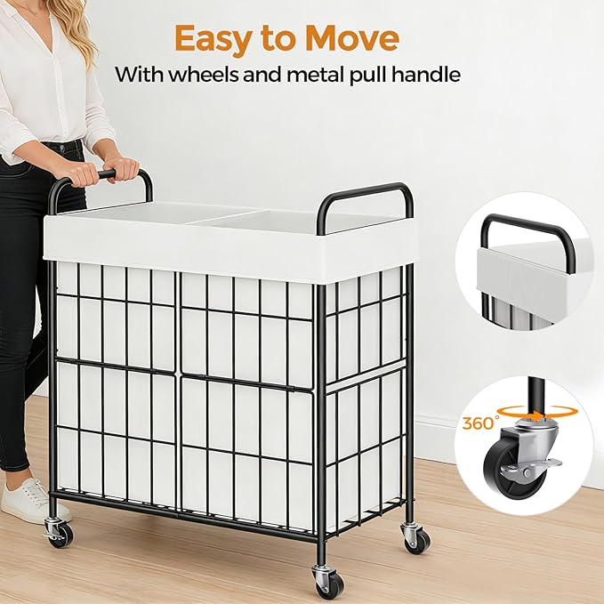 2 Section Laundry Hamper with Wheels and Brake, 100L Laundry Sorter Cart with 2 Removable Liner Bags, Metal Handle, Rolling Laundry Basket for Bedroom Laundry Room