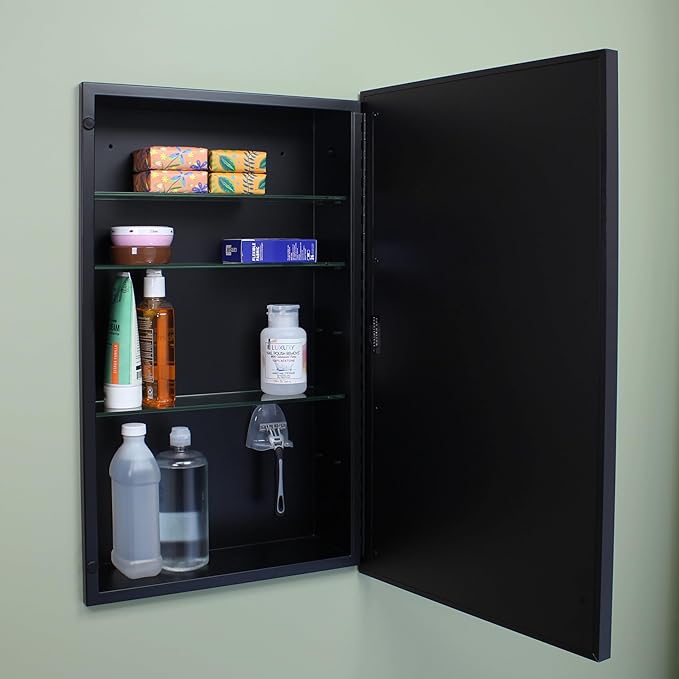 Fox Hollow Furnishings 16x26 Parker Metro Metal Framed Rectangle Recessed Bathroom Medicine Cabinet, Floating Mirror, 14x24 in-Wall Opening, Steel, Adjustable Glass Shelves, Magnet Close, Black