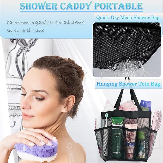 Mesh Shower Caddy Portable for College Dorm Room Essentials, 8-Pocket Large Capacity Shower Tote Toiletry Bag Basket, Quick Dry Hanging Organizer for Bathroom, Gym, Camp, Travel, Cruise, Beach