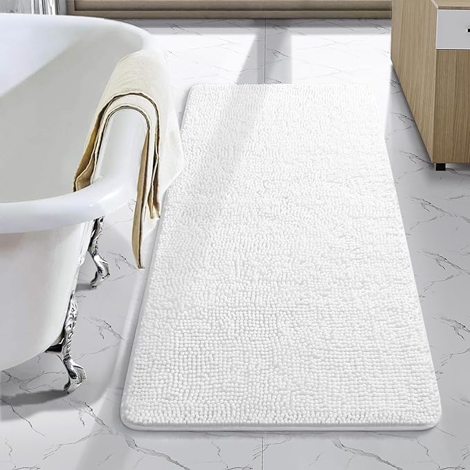LOCHAS Luxury Bathroom Rug Shaggy Bath Mat 24 x 48 Inch, Washable Non Slip Bath Rugs for Bathroom Shower, Soft Plush Chenille Absorbent Carpets Mats, White