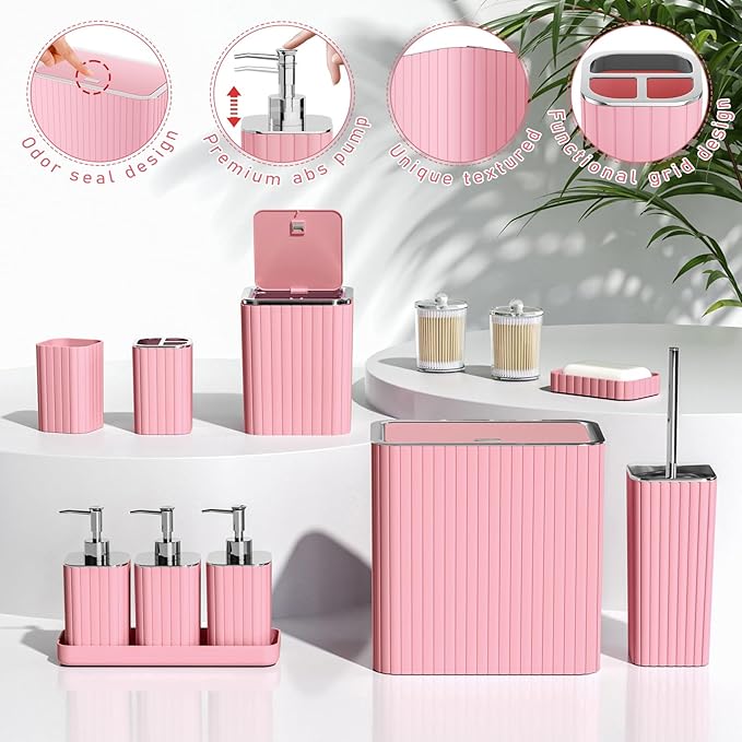 Bathroom Accessory Set - Bathroom Set, 12PC Bathroom Accessories Set, Pink Bathroom Accessories Set, Mini Trash Can, Toilet Brush, Trash Can & Soap Dispenser
