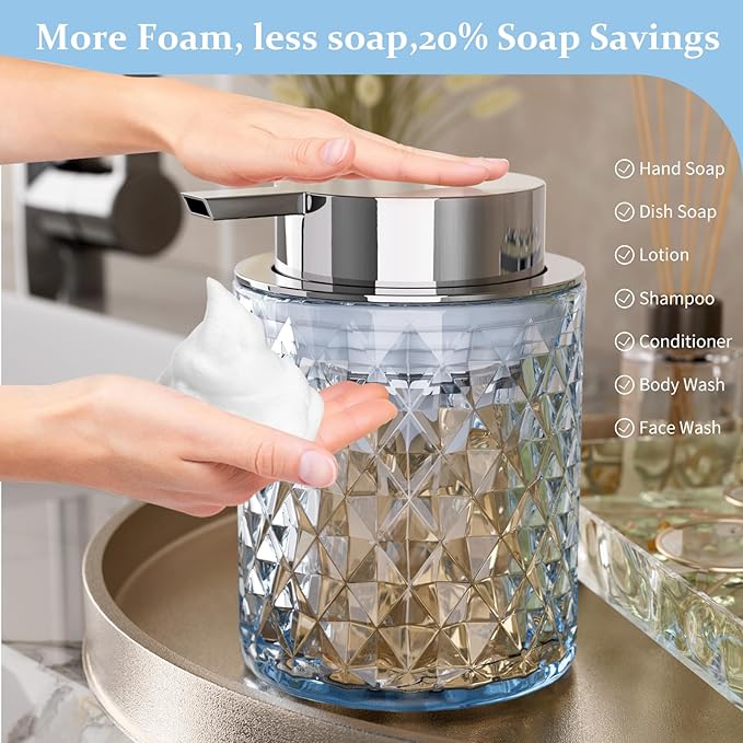 Glass Bathroom Accessories Set 5Pcs Crystal - Blue Foaming Soap Dispenser, Soap Dish, Cup, Acrylic Toothbrush Holder with Tray Organizer, Cotton Swab Jar, Bathroom Counter Set Sink Decor