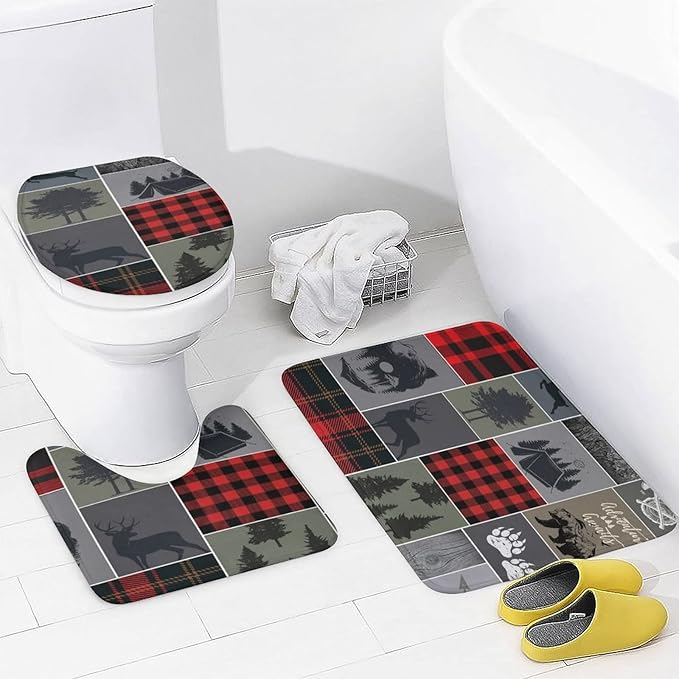 Cabin Rustic Bear Deer Shower Curtain Sets with Rugs 4 Piece Accessories Bathroom Curtains Shower Set Include Shower Curtain Non-Slip Rug Toilet Lid Cover Bath Mat One Size