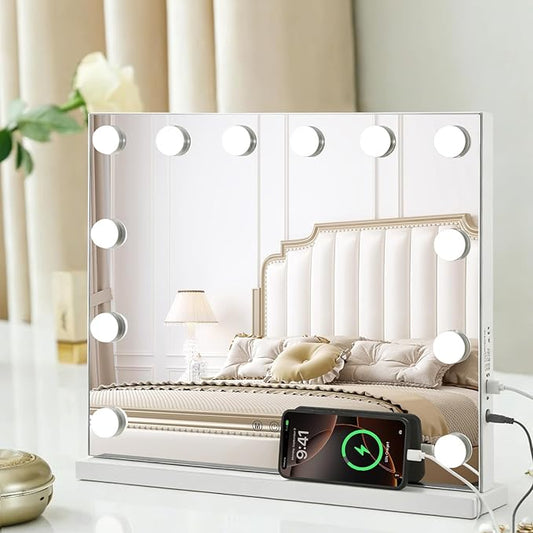 Vanity Mirror with Lights, 19.7"x16.5" Hollywood Mirror with 12 Dimmable LED Bulbs, 3 Color Lighting Modes & 10X Magnification Makeup Vanity Mirror for Desk Wall-Mounted