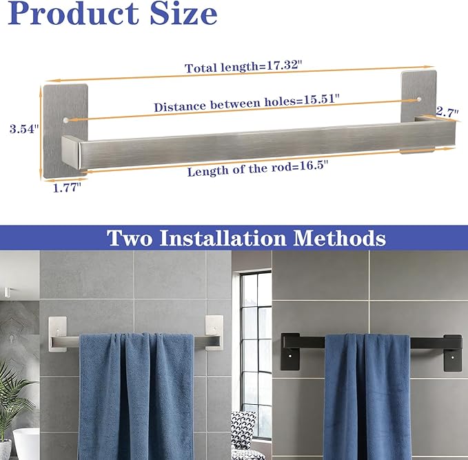 Bathroom Towel Bar Self Adhesive, No Drilling Towel Rack Easy to Install, Hand Towel Holder Made of Premium Stainless Steel Sticky on Hand Towel Hanger for Kitchen, Toilet.(16IN, Brushed)