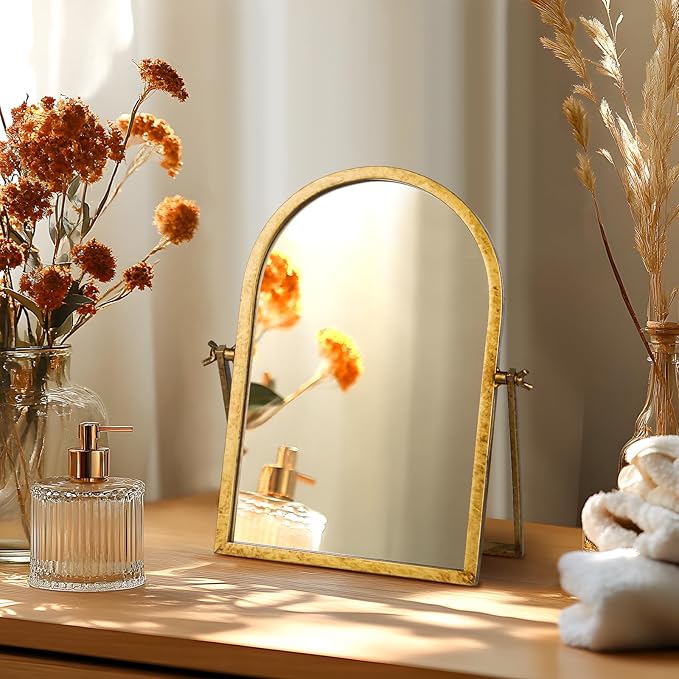 Vintage Makeup Desk Mirror, 11.8" L x 7.9" W Antique Gold Vanity Table Mirror, Metal Framed Arched Small Standing Mirrors, 360 Adjustable Rotation Mirrors for Tabletop, Bathroom