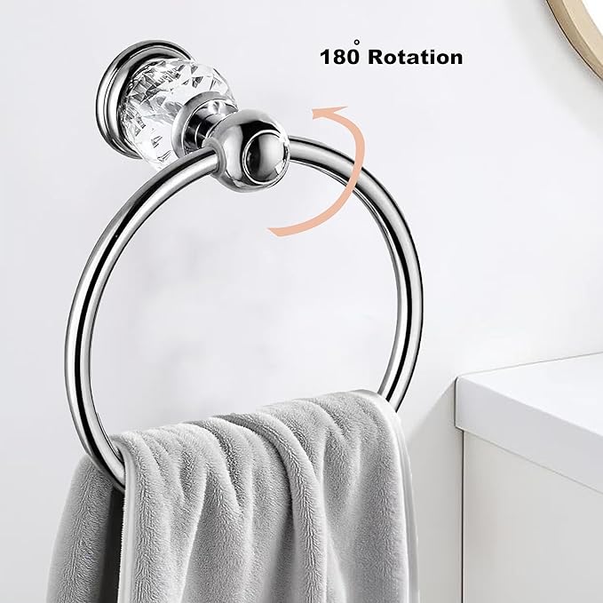 Chrome Towel Ring,Crystal Hand Towel Holder Bathroom,Silver Hand Towel Ring Round Rack Wall Mounted Bling Bathroom Accessories