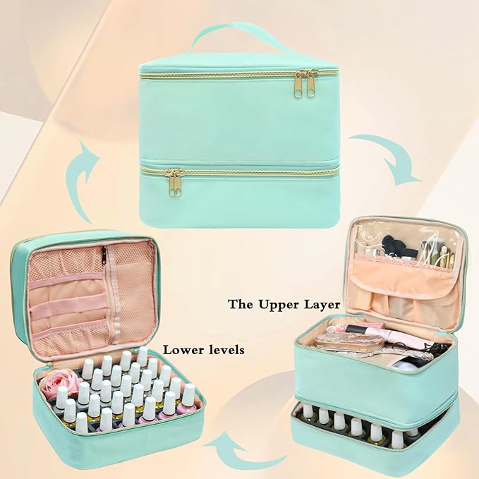 Nail Polish Organizer Bag, Double-Layer Nail Supplies Organizer Holds 30 Bottles & Nail Lamp, Professional Nail Kit Storage Make up Carrying Case (Green)