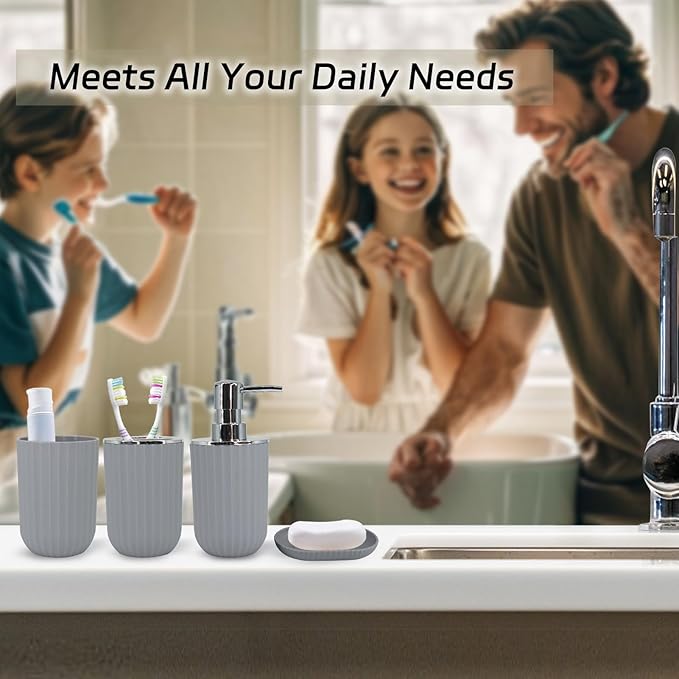 Grey Bathroom Accessories Set with Shower Curtain, Trash Can, Lotion Soap Dispenser, Soap Dish, Toothbrush Holder, Toothbrush Cup, Toilet Brush Holder and Tray for Bathroom Decor