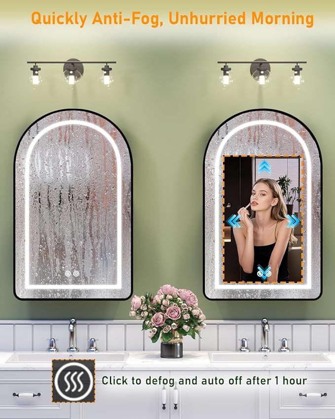 19.7"x31.5" Lighted Medicine Cabinet with Mirror, Arched Bathroom Mirror with Lights and Storage, Dimmable 3 Color with Anti-Fog, Full Metal Recessed & Surface Mount LED Medicine Cabinets Black
