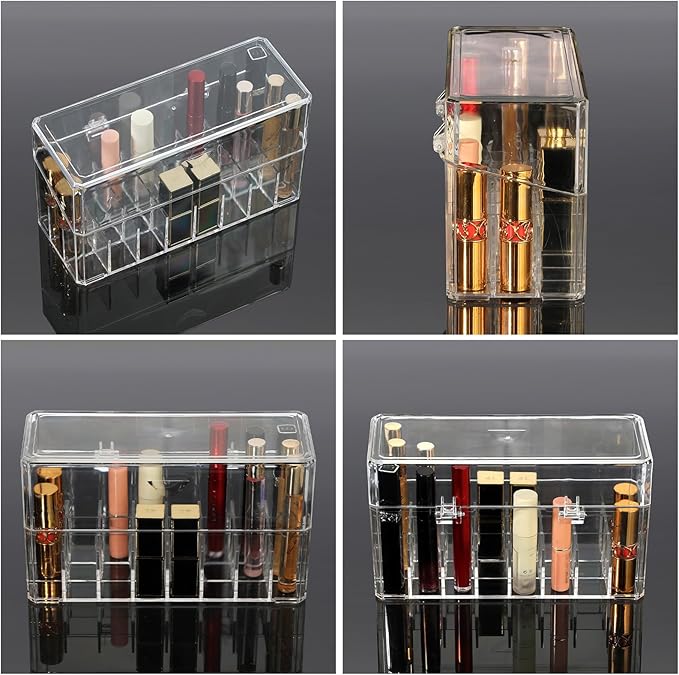 ELLDOO Rollerball Perfume Organizer, 24 Spaces Clear Acrylic Perfume Storage Holder Beauty Scent Holder, Makeup Lipgloss Lipstick Display Case with Lid