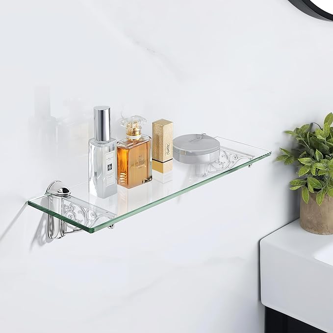 khtumeware 24 Inches Glass Shelves for Bathroom, Polished Chrome Floating Glass Shelf Zinc Tempered Glass Bathroom Shelves for Wall Mount Modern