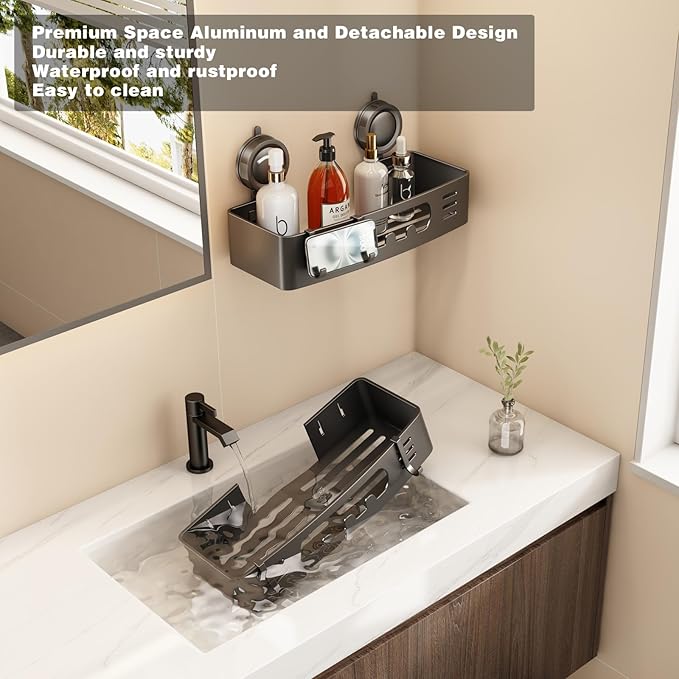 Voldra Shower Caddy Suction Cup, Shower Shelves for Inside Shower No Drilling, Aluminum Suction Showers Organizer for Wall with Towel Bar & Hooks Removable Bathroom Storage Rack(1 Pack-Gray)