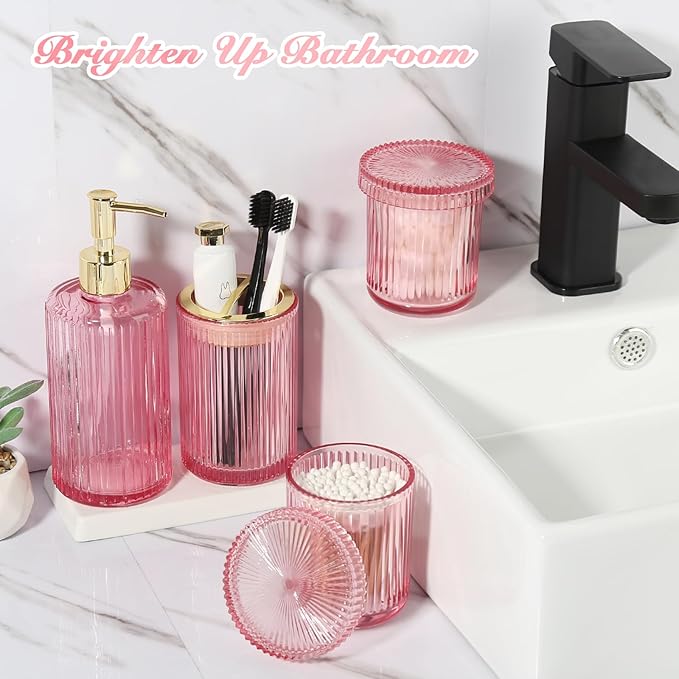 RYTOXILO Pink Bathroom Accessories Set, Pink Bathroom Decor Accessory Sets Complete, 4 Pack Ribbed Grils Soap Dispenser and Toothbrush Holder Set with 2 Qtip Holders, Girly Bath Counter Essentials
