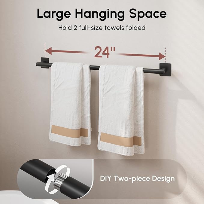 USHOWER Matte Black Towel Bar, 24 Inch Towel Racks for Bathroom Wall Mounted, Heavy Duty Stainless Steel Towel Holder, Easy Installation (Total Length 26 Inch) (Pack of 2)
