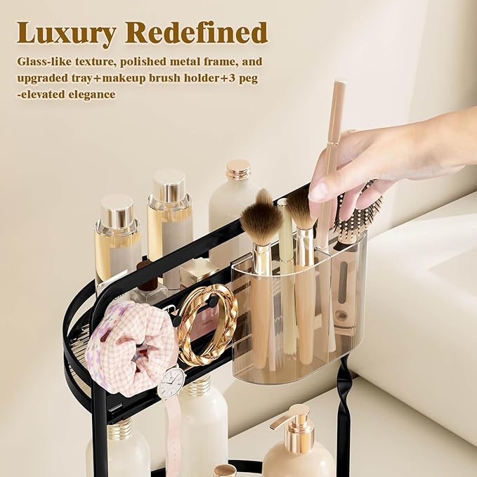 Rotating Makeup Organizer, Black Perfume Organizer for Dresser, Spinning Bathroom Countertop Organizer, 2 Tier Lazy Susan Vanity Tray Skincare Storage Cosmetic Display Case with Brush Holder
