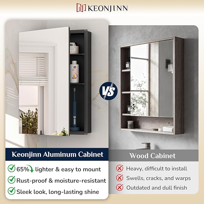 Keonjinn 48 x 26 Inch Medicine Cabinet, Assembly Required, Black Bathroom Medicine Cabinets Mirror, Lightweight, Adjustable Shelves, Surface Mount or Recessed, Tempered Glass