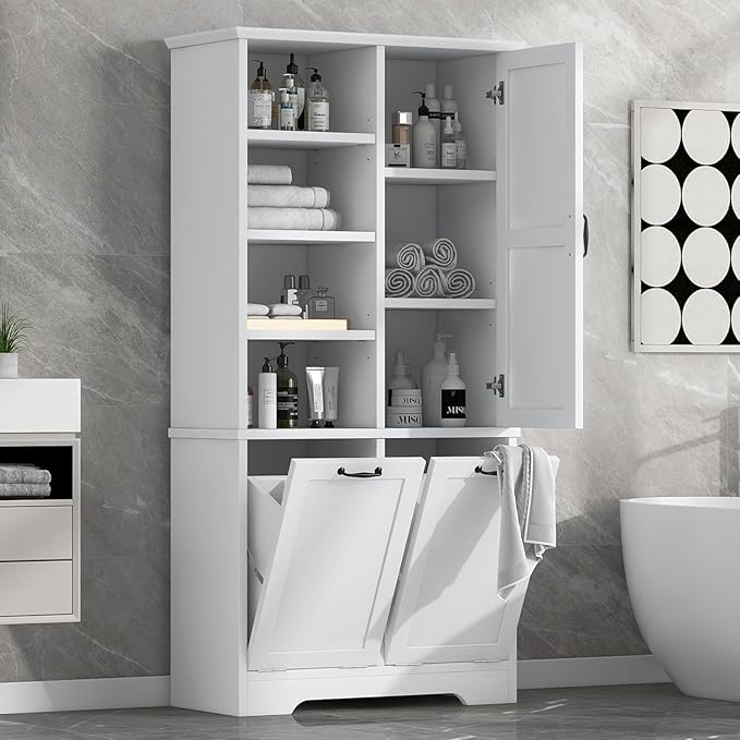 Virubi Tall Laundry Hamper Cabinet with 2 Tilt Out Hamper, Wood Tall Bathroom Laundry Room Storage Cabinet with Adjustable Shelves, Freestanding (White)