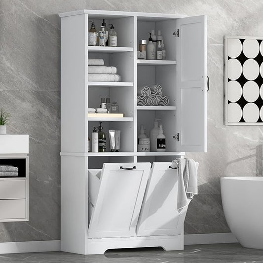 Virubi Tall Laundry Hamper Cabinet with 2 Tilt Out Hamper, Wood Tall Bathroom Laundry Room Storage Cabinet with Adjustable Shelves, Freestanding (White)