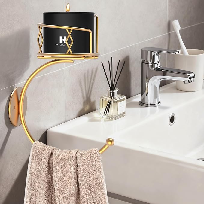 Hand Towel Holder for Bathroom with Vintage Wall Mounted Candle Holder, Metal Sturdy Wall-Mounted, Hand Towel Racks/Robe Hanger for Bathroom Decor Accessories(Gold)