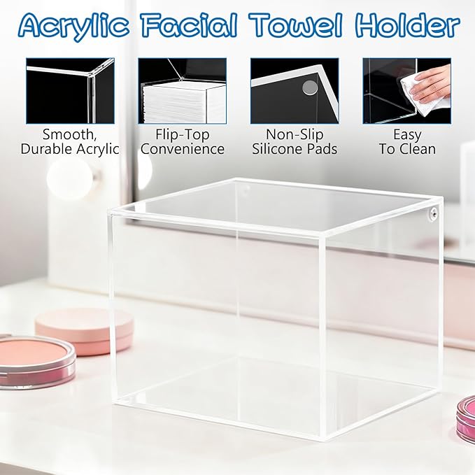 Clear Acrylic Disposable Face Towel Holder-Compatible with Clean Skin Club Facial Towel XL, Acrylic Face Towelette Storage Box Container, Cosmetic Organizer for Bathroom Countertop Storage