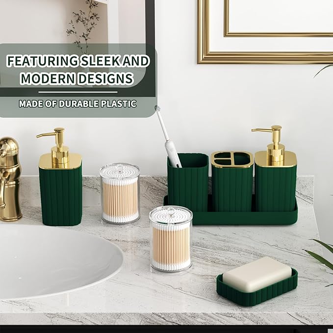 XLHOMO Bathroom Accessory Set - 26PC Bathroom Shower Curtain and Rug Set, Bathroom Accessories Set, Green Bathroom Set with Trash Can, Toilet Brush, Qtip Holder & Soap Dispenser