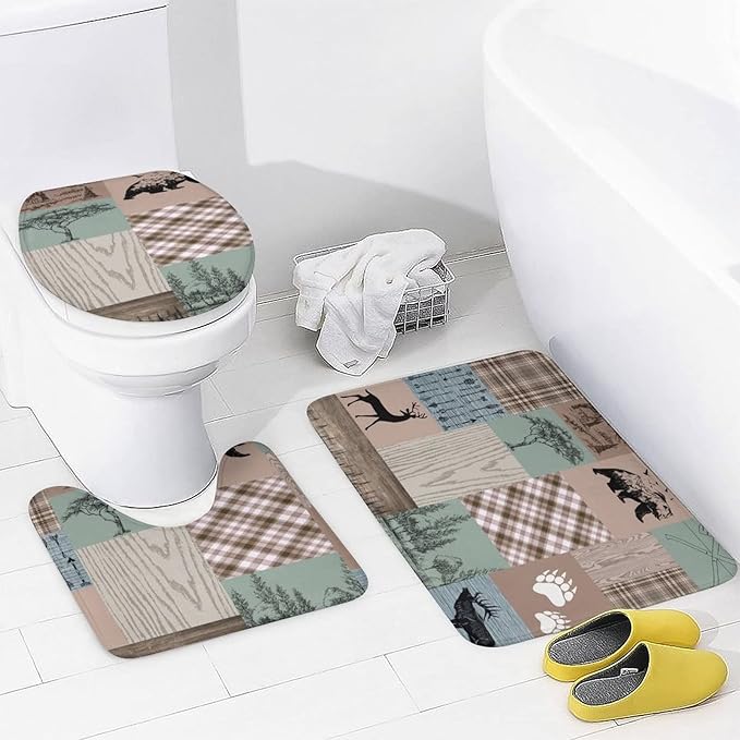 Rustic Cabin Lodge Bear Shower Curtain Sets with Rugs 4 Piece Accessories Bathroom Curtains Shower Set Include Shower Curtain Non-Slip Rug Toilet Lid Cover Bath Mat One Size