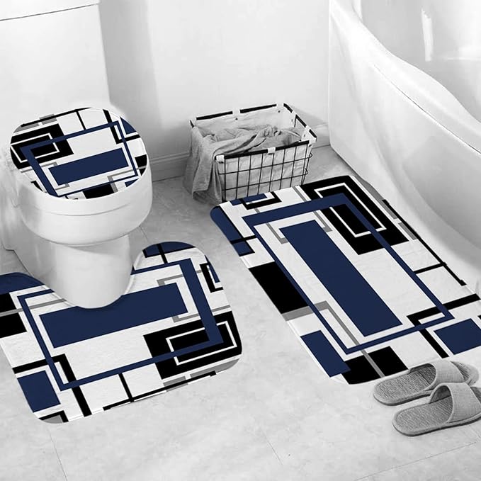 Onalasyc 4Pcs Blue Geometric Shower Curtain with Rugs Set Waterproof Blue Bathroom Sets with Shower Curtain and Rugs Abstract Geometric Modern Bathroom Curtains Shower Set with 12 pcs Hooks