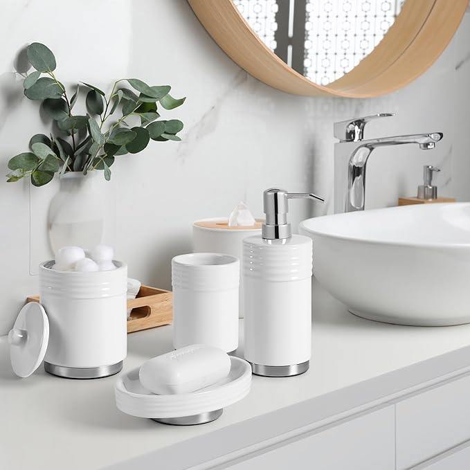 RQYIXI Bathroom Accessories Set 4 Pieces Ceramic Bathroom Accessory with Metal Base Set Contain Soap Dispenser Cotton Swab Jar Toothbrush Cup Soap Dish