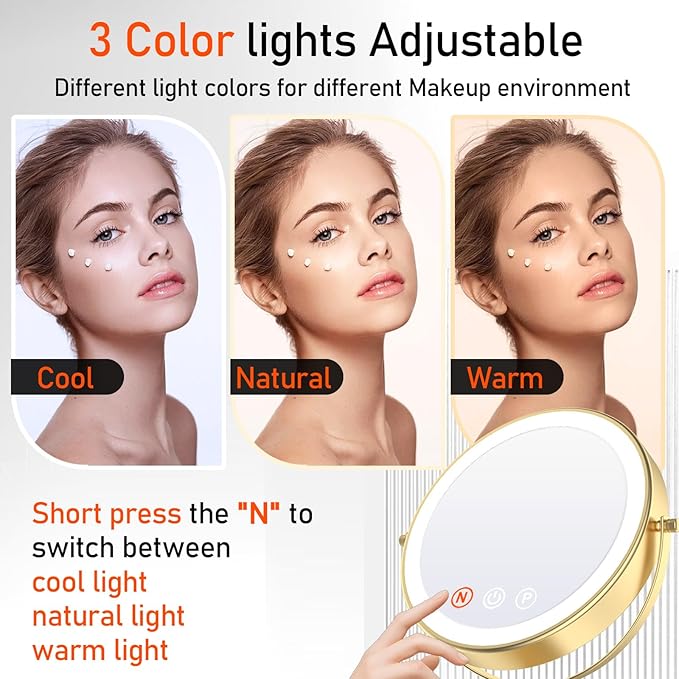 Vanity Mirror with Lights, 9'' Lighted Makeup Mirror, 1X/30X Double Sided Magnifying Mirror, 5000mAh Rechargeable, 3 Color Dimmable LED, 360° Rotation Desk Mirror for Makeup & Skincare, Gold