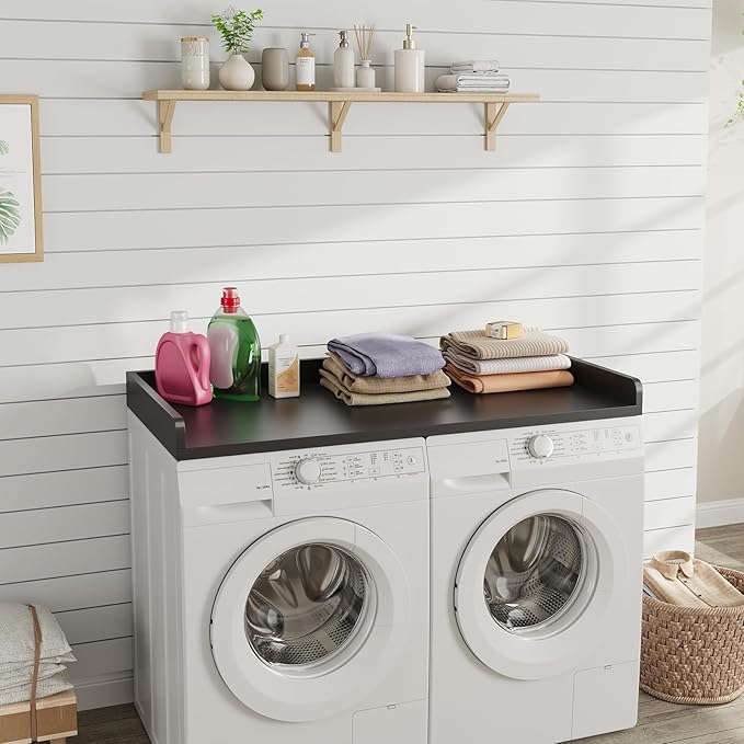 Washer Dryer Countertop, 27.5" D x 54" W x 3.2" H, Countertop for Washer and Dryer with Non-Slip Pads and Round Corner Edge Rails, Laundry Room Organization(Black)
