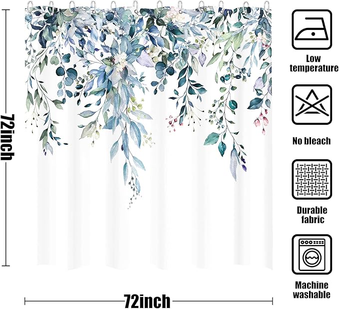 kampdream Teal Blue Plant Shower Curtain, Watercolor Eucalyptus Leaves On The Top Botanical Bathroom Shower Curtain 72 ×72 Inch
