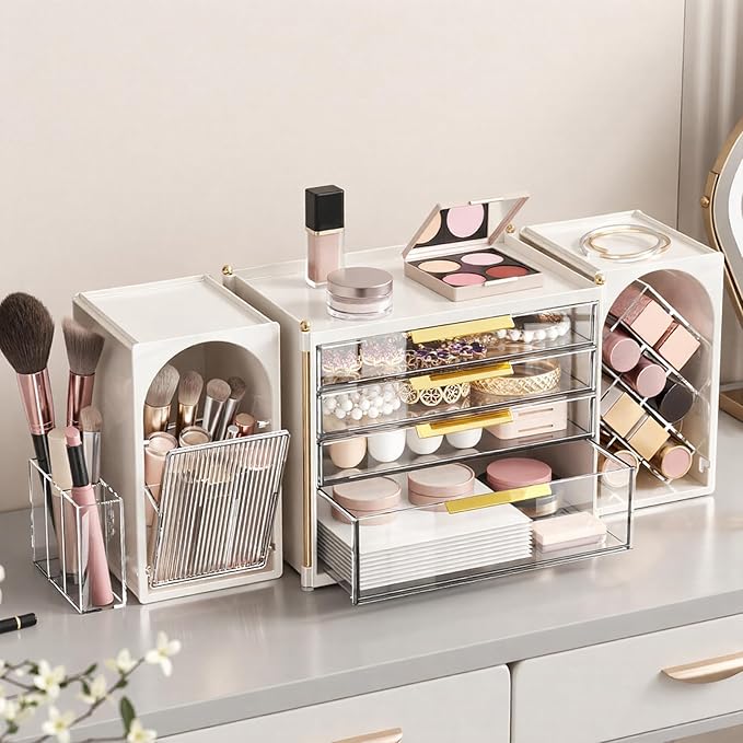 4-Tier Drawer Makeup Organizer, 3-in-1 Free Combination Cosmetic Storage with Lipstick Holder & Brush Rack, Skincare Organizer with Mini Tray for Vanity Bathroom Bedroom Dorm