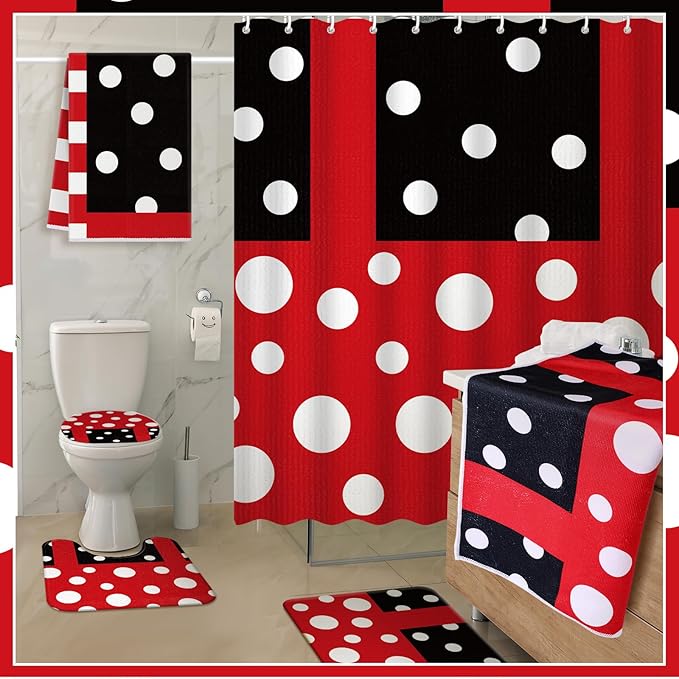 Nuanchu 6 Pcs Red Black Polka Dot Shower Curtain Set with Rug Polka Dot Bathroom Sets with Shower Curtain Bath Mat U Shaped Mat Toilet Lid Cover 2 Bath Towels and 12 Hooks Bathroom Decor