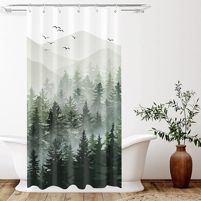 Accnicc Stall Small Sage Green White Misty Forest Shower Curtain Ombre Mountain Pine Tree Waterproof Fabric Shower Curtains for Bathroom Nature Woodland Decorative Bath Curtain Decor 36×72 Inches