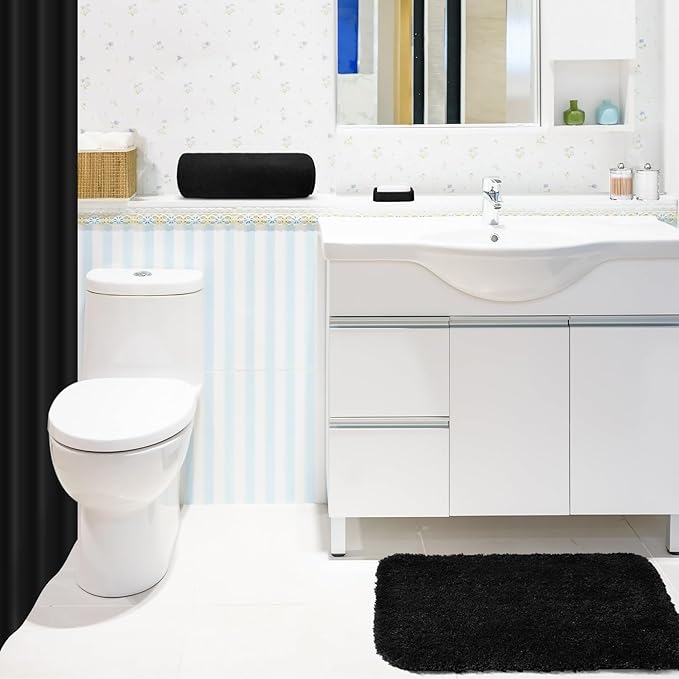 Fanfanwin 3 Pcs Bathroom Curtain Sets with Shower Rug and Towel Waterproof Shower Curtain Non Slip Bathroom Rug Bath Mat Soft Hand Towel with 12 Hooks for Hotel Decor(Black)